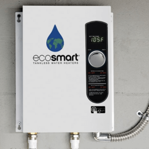 Ecosmart tankless electric water heater installed in garage